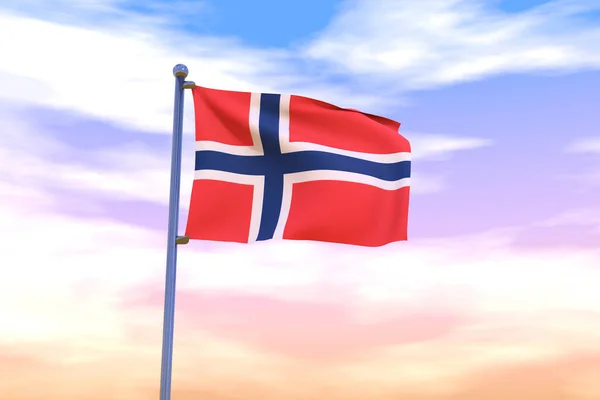 Arka Planda Bulutlu Gökyüzü Olan Bayrak Direğinde Norveç Dalgalanan Bayrağı — Stok fotoğraf