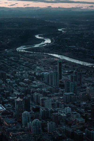 Město Calgary Řekou Bow Západem Slunce — Stock fotografie