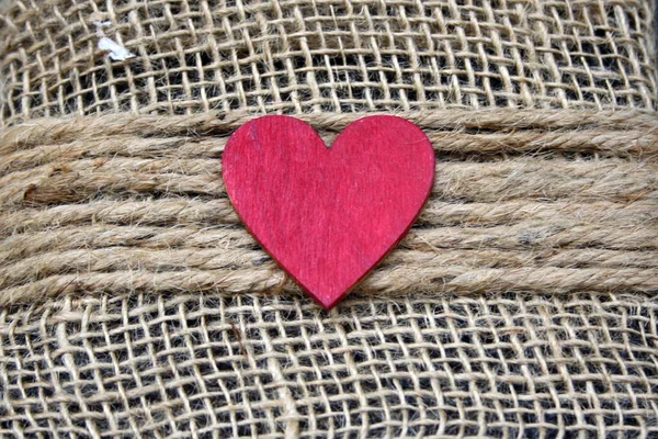 Pink Wooden Heart Designed Linen Cloth Texture Great Diy Ideas — Stock Photo, Image