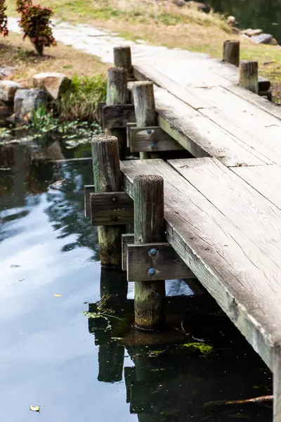 Plano Vertical Muelle Madera Junto Lago — Foto de Stock