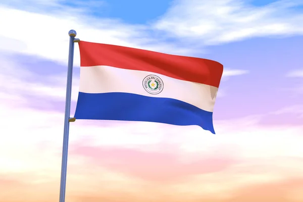 Μια Κυματιστή Σημαία Της Παραγουάης Στύλο Σημαίας Τον Συννεφιασμένο Ουρανό — Φωτογραφία Αρχείου