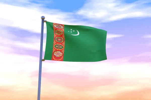 A waving flag of Turkmenistan on a flag pole with the cloudy sky on the background