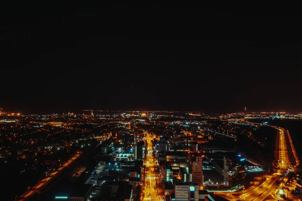 Αεροφωτογραφία Μεγάλης Έκθεσης Της Φωτισμένης Πόλης Νύχτα — Φωτογραφία Αρχείου