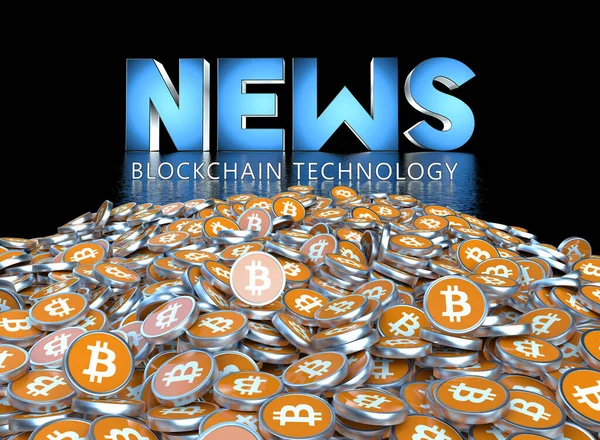 Primer Plano Bitcoins Con Tecnología Blockchain Noticias Texto Arriba Fondo — Foto de Stock