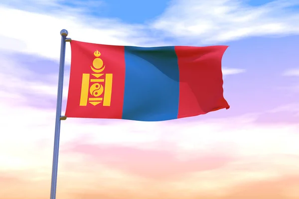 Иллюстрация Размахивания Флагом Монголии Хромированным Флагштоком Небе Заката Ветру Флаг — стоковое фото