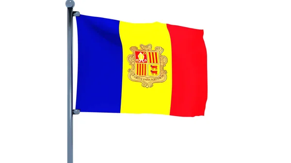 Waving Flag Andorra Flagpole Isolated White Background — Stock Photo, Image