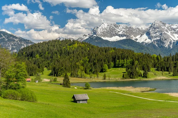 Vista Panoramica Sul Lago Geroldsee Sulle Montagne Del Karwendel Baviera — Foto Stock