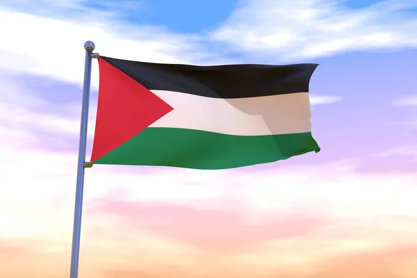 Palesztina Zászlaját Lobogtatva Egy Zászlórúdon Felhős Égbolttal Háttérben — Stock Fotó