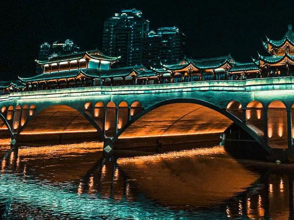 Вечерний Вид Знаменитый Мост Чэнду Китае — стоковое фото
