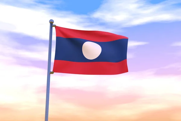 Rendered Waving Flag Lao People Democratic Republic Chrome Flagpole Colorful — Stock Photo, Image