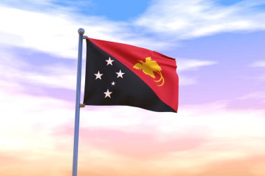 Arka planda bulutlu gökyüzü olan bayrak direğinde Papua Yeni Gine bayrağı sallanıyor.