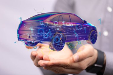 Bir arabanın üç boyutlu hologramı ve bir adamın ellerinde gezinen ikili kod.