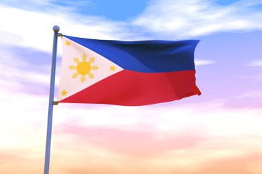 Arka planda bulutlu gökyüzü olan bayrak direğinde sallanan Filipinler bayrağı