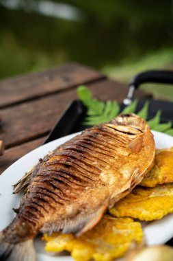 Piknik masasının kenarlarında pişmiş bir balığın dikey yakın çekimi.