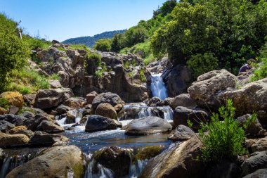 İsrail 'in Golan Tepeleri' nde akan kayalık bir şelalenin güzel bir görüntüsü.