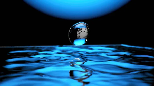 A closeup of a beautiful water droplet above the water surface with blue light reflections