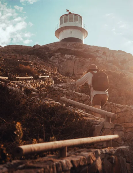 Man Climbing Old Cape Point Lighthouse — Stock Photo, Image