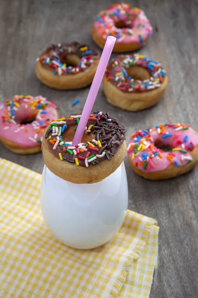 Vertical Shot Donut Milkshake Donuts Wooden Table — Stock Photo, Image