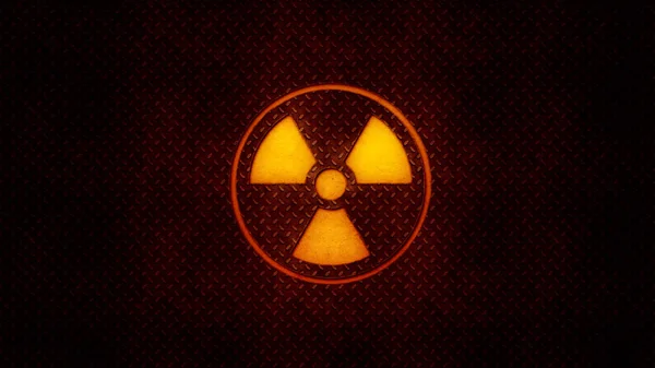 An illuminated radioactive symbol on a dark background