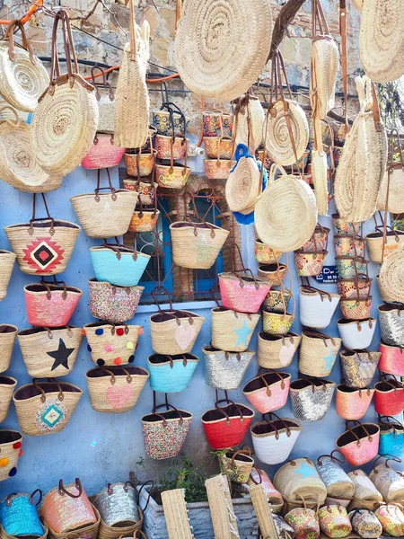 Uma Loja Bolsas Artesanais Chefchaouen Cidade Azul Marrocos Padrão Bolsas — Fotografia de Stock