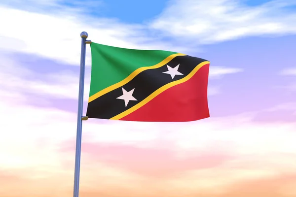 Трехмерный Флаг Сент Китса Невиса Хромированным Флагштоком Красочном Небе — стоковое фото