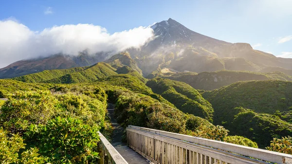 Yeni Zelanda Egmont Ulusal Parkı 'ndaki Taranaki Dağı' nın güzel bir manzarası.