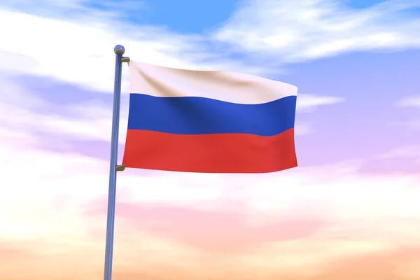 A waving flag of Russia on a flag pole with the cloudy sky on the background