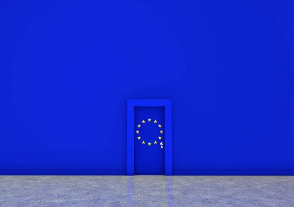 Рендеринг Комнаты Ярко Голубой Стеной Двери Флагом Европейского Союза — стоковое фото