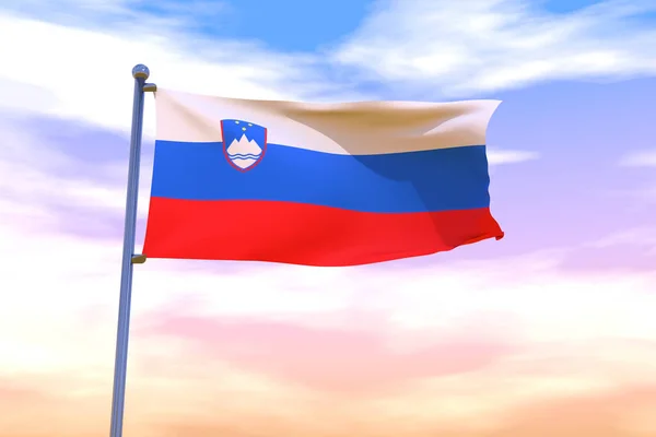 A waving flag of Slovenia on a flag pole with the cloudy sky on the background
