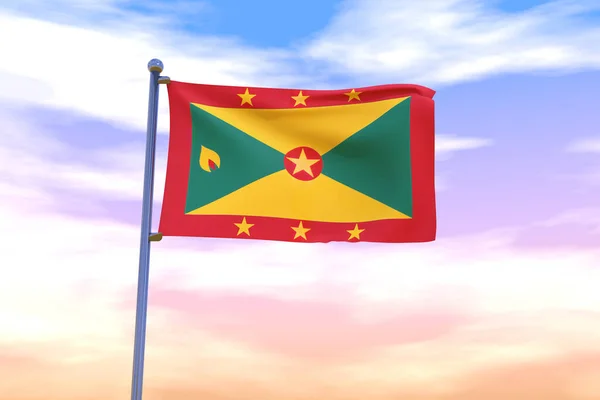 Mavi Gökyüzünde Krom Bayrak Direğiyle Sallanan Grenada Bayrağının Boyutlu Bir — Stok fotoğraf
