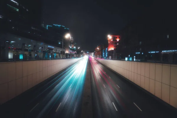 Lång Exponering Natt Skott Med Stadens Ljus Novy Arbat Moskva — Stockfoto