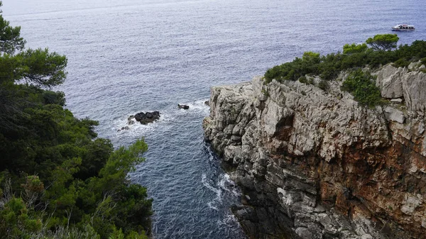 Mavi Deniz Manzaralı Yeşil Ağaçlarla Kaplı Kayalık Uçurumların Manzarası — Stok fotoğraf