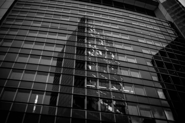 Low Angle Grayscale Shot Reflective Modern Building Frankfurt Germany — Stock Photo, Image