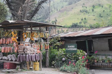 Kırsal bir alanda arka planda dağlarla birlikte küçük bir meyve ve sebze duruyor.