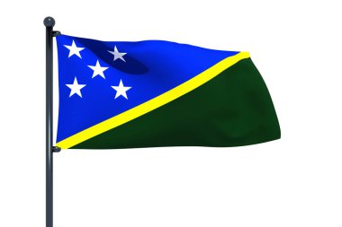 Solomon Adaları bayrağının beyaz arkaplan ile izole edilmiş krom bayrak direğiyle üç boyutlu bir çizimi.