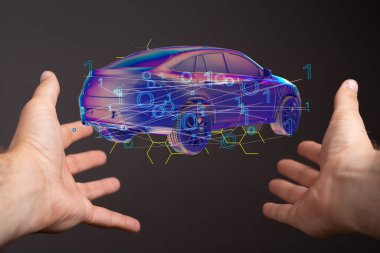 Otomobilin 3 boyutlu bir çizimi ve otomatik elektrikli arabanın ikili kod - kablo çizimi