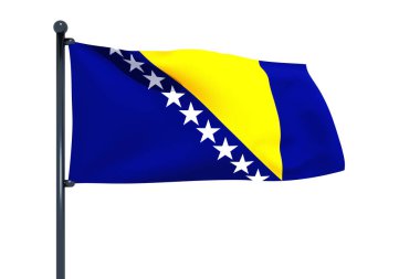 Beyaz arka planda izole edilmiş bir bayrak direğinde sallanan Bosna-Hersek bayrağı