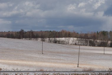 Mavi bulutlu gökyüzüne ve Letonya 'da kara karşı çıplak yapraksız ağaçlarla dolu bir kış manzarası.