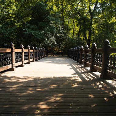 Parkta yeşil ağaçlarla çevrili ahşap köprü manzarası