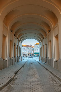 Vilnius 'ta kemerli bir tünelin güzel dikey görüntüsü.