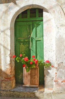 İtalya 'nın Basilicata bölgesinde bir köy olan Rivello' da saksı bitkisi olan eski bir evin kapısı.
