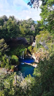 Şili 'de ağaçlarla çevrili küçük şelalelerin dikey çekimi