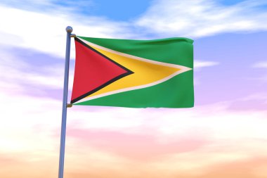 Mavi gökyüzünde krom bayrak direği sallayan Guyana bayrağının 3 boyutlu bir çizimi.