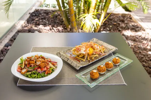 Tasty Salad Nuggets Plate Meatballs Table Outdoors — Stock Photo, Image