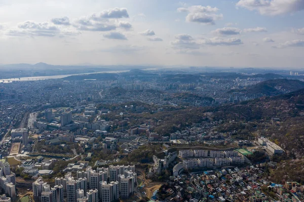 Авіаційний Пейзаж Сеула Оточений Будівлями Тлі Гір — стокове фото