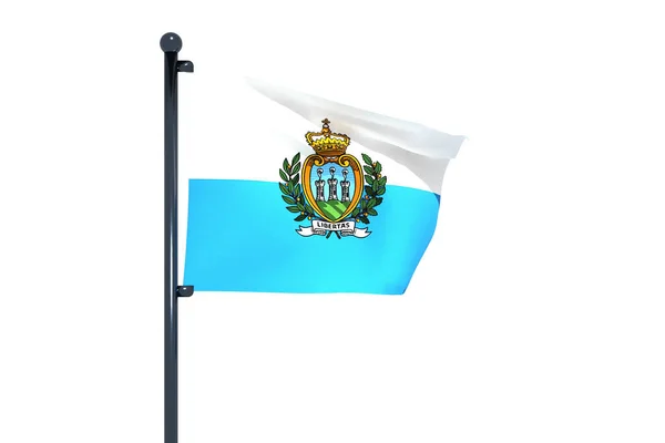 与白色背景隔离的带有铬旗杆的圣马力诺国旗的3D图像 — 图库照片