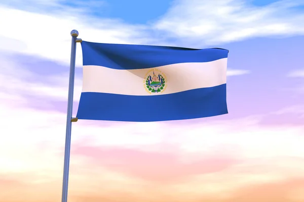 A waving flag of El Salvador on a flag pole with the cloudy sky on the background