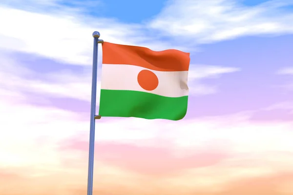 Illustration Waving Flag Niger Chrome Flag Pole Cloudy Sunset Sky — Stock Photo, Image