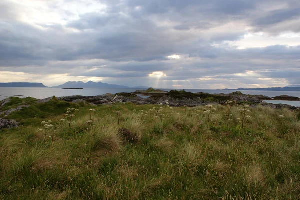 Krásný Výhled Zelenou Krajinu Blízkosti Moře Pod Zataženou Oblohou Skotsku — Stock fotografie
