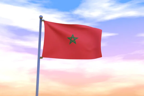 Illustration Drapeau Ondulé Maroc Avec Mât Drapeau Chromé Dans Ciel — Photo